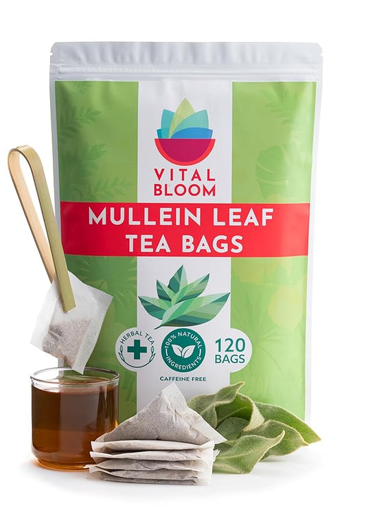 Vital Bloom Mullein Leaf Tea, 120 Tea Bags, 100% Pure Mullein Leaves, support for Lungs Cleanse and Respiratory Support, Bleach Free Tea Bags, Non GMO (Free Tongs Included)