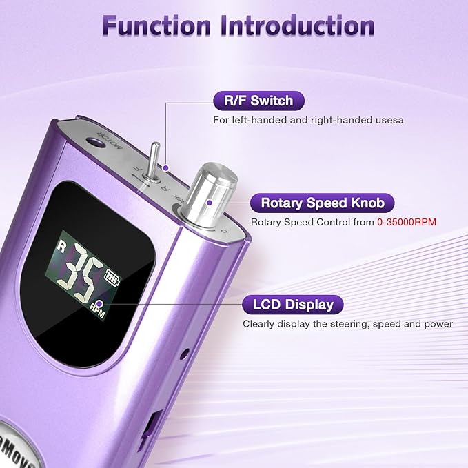 Professional Nail Drill Machine, HoMove 35000RPM Portable Nail Drills, Rechargeable Efile Nails Drill, Low Heat Electric Nail File for Acrylic Gel Nails（Violet）