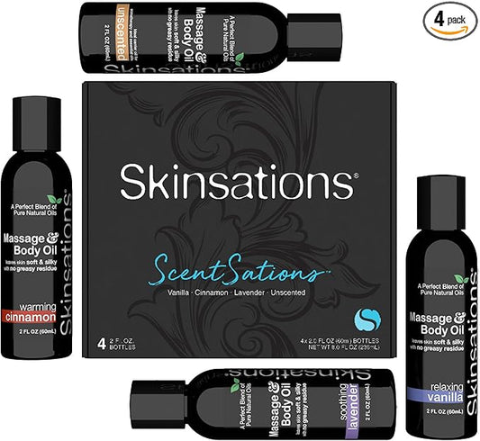 Skinsations - Massage Oil Kit (Set of 4) Natural Scents of Vanilla, Cinnamon, Lavender | Blend of Sweet Almond Oil, Fractionated Coconut Oil, Grapeseed Oil & Jojoba Oil, Travel Size
