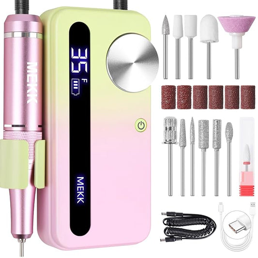 MEKK Nail Drill Kit,35000RPM Electric Nail Drill Professional Electric Nail File with 12PCS Bits,Anti-Shaking Cordless E Filer for Nails,Home & Salon(Pink-Green)