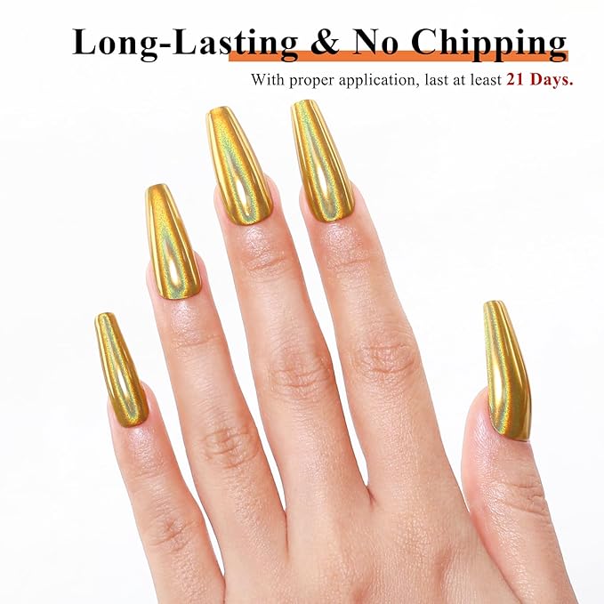 Imtiti Holographic Gold Chrome Nail Powder Kit,1g Holo Iridescent Gold Meatllic Mirror Effect Powder with 10ml White Color Gel Polish Metal Nail UV DIY Kit