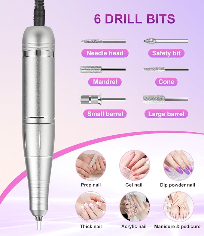 Electric Nail Drill Professional, 45000 RPM Rechargeable Nail Drill Kit, Electric Nail File for Acrylic, Manicure & Pedicure & Polishing Tools for Home Salon, Pink