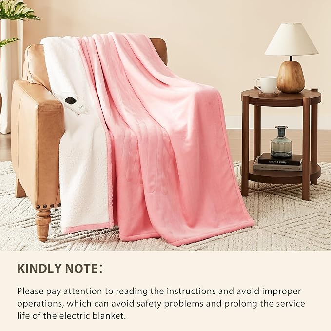 Homemate Heated Blanket Electric Throw - 50"x60" Heating Blanket Throw 1/2/4/6/8 Hours Auto-Off 10 Heat Level Over-Heat Protection Flannel Sherpa ETL Certification