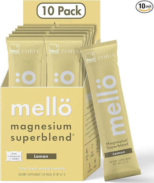mellö Magnesium Supplement Superblend Powder - Magnesium Glycinate with L-Theanine, GABA, and Trace Minerals - Supports Sleep, Relaxation, and Balanced Energy - Lemon Flavor, 10-Pack, Singles