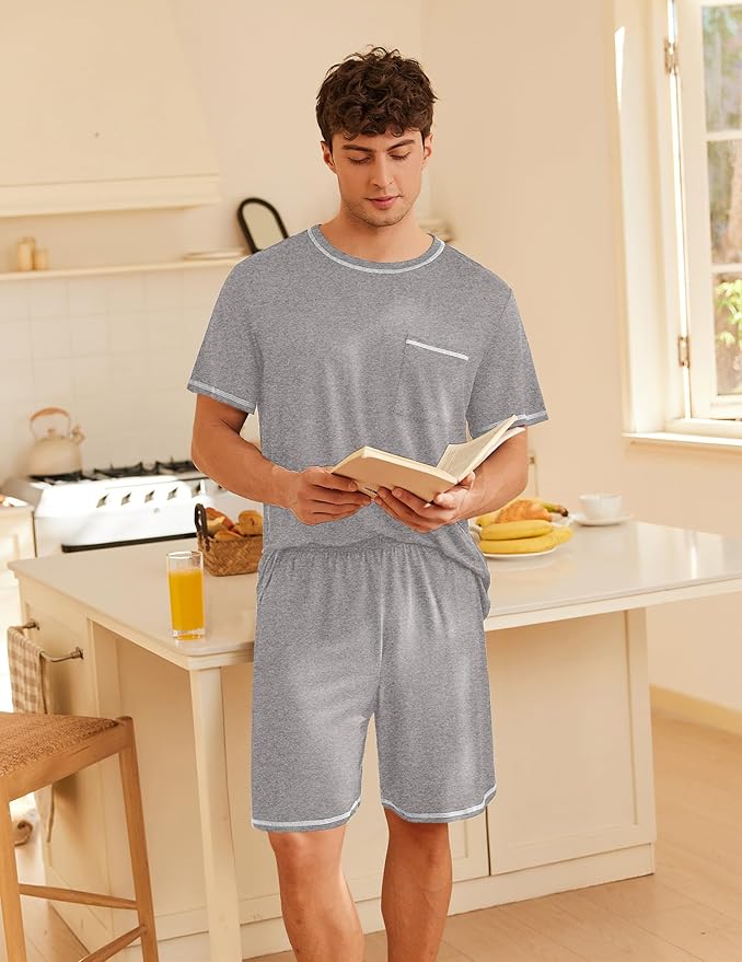 Ekouaer Men's Pajamas Set Casual Short Sleeve Shirts and Shorts Soft 2 Piece Loungewear With Pockets