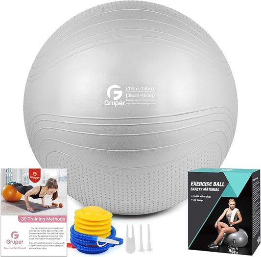 Gruper Yoga Ball, 18-30 Inch Extra Thick Exercise Ball for Workout Fitness Balance, Anti Burst Chair for Home and Office Desk, Includes Hand Pump & Workout Guide Access