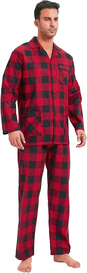 GLOBAL Men's Pajamas Sets 100% Cotton Flannel Sleepwear Long-Sleeve top & Bottom