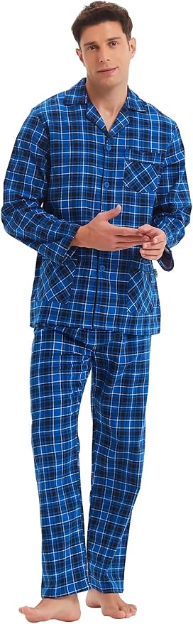 GLOBAL Men's Pajamas Sets 100% Cotton Flannel Sleepwear Long-Sleeve top & Bottom