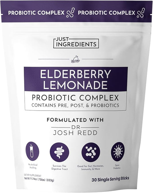 Elderberry Lemonade 3‑In‑1 Probiotic Complex – 30‑Stick Drink Mix with Prebiotics, Probiotics & Postbiotics – 5 Billion CFU Spore Strains + Lemon Extract – Immune, Gut & Digestive Support