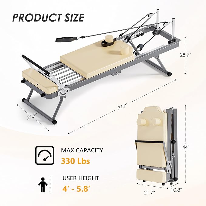 DlandHome Pilates Reformer, Foldable Pilates Reformer Machine with Springs & Resistance, Suitable for Advanced and Beginners Users Adjustable Pilates Equipment for Full-Body Home Workout Up to 330 lbs