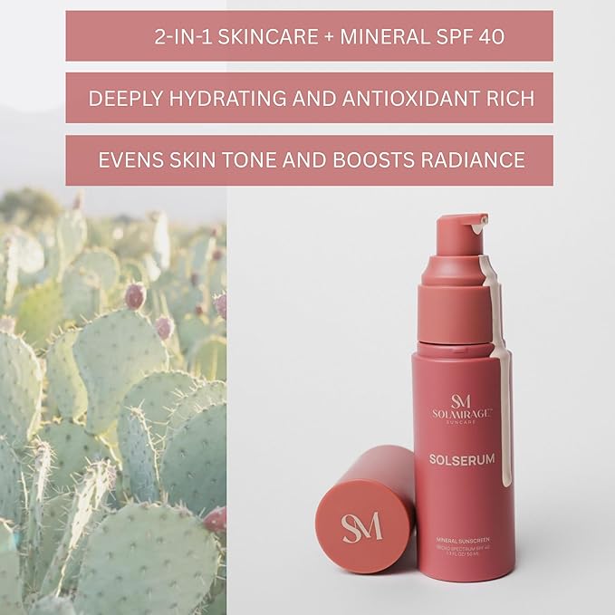 Solserum Mineral Sunscreen SPF 40—Dermatologist-Formulated Facial SPF Serum with Non-Nano Zinc Oxide, Niacinamide & Antioxidants—Lightweight, Tint to Sheer Application, No White Cast, Dewy Finish