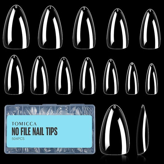 TOMICCA Almond Nail Tips - 504Pcs Acrylic Nails, Clear Gel Nail Tips, 12 Sizes Full Cover Pre-Shaped Fake Nails for Nail Extension Art Professional and Home DIY