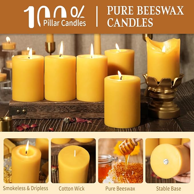 Natural Beeswax Pillar Candle, 110 Hours Long Burning Emergency Candle Unscented Pure Beeswax Pillar Candles 3x4in Dripless Bees Wax Candles for Home Paryer, 2 Packs