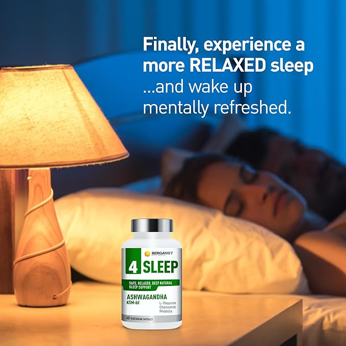 BergaMet 4 Sleep Support Formula with Ashwagandha KSM-66, Rhodiola, Chamomile Extract & L-Theanine – Natural Aid for Restful Nights and Stress Relief with no Melatonin – 60 Capsules