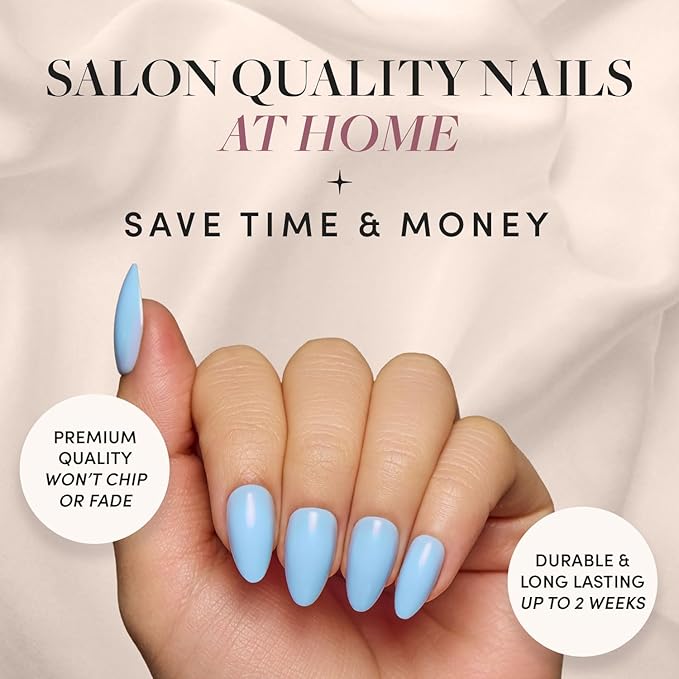 Glamnetic Press On Nails - Soft Blue | Short Almond Blue Fake Nails with Glossy Finish, Salon Quality | 15 Sizes - 30 Nail Kit with Glue