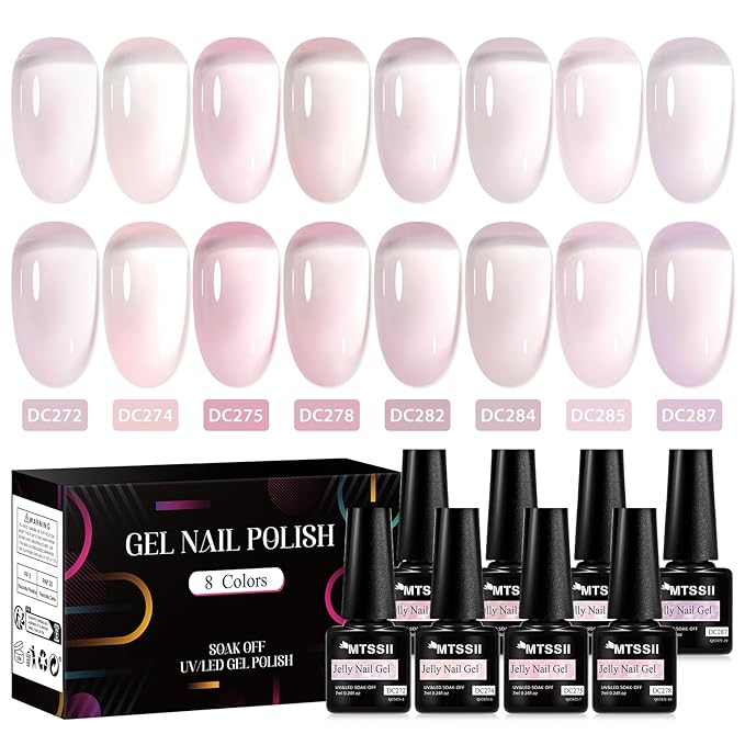 MTSSII Sheer Gel Nail Polish Set Jelly UV Gel 8 Colors Translucent Milky White Pink Nude Purple Colors Nail Polish For All Seasons Neutral Soak off LED Lamp Gel Manicure Kit for Nail Art