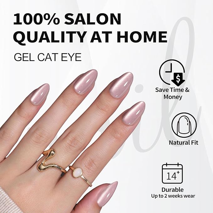 Pink Cat Eye Press on Nails Short - Soft Gel Press on Nails Almond for Women Gift, Fit Perfectly & Natural Glue on Nails in 16 Sizes - 32 Reusable Fake Nails with Glue, Beige Pink