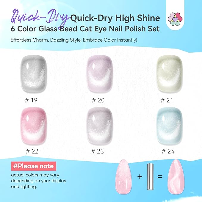 SAVILAND Glass Bead Cat Eye Nail Polish Set: Quick Dry 6 Colors Magnetic Nail Polish with Magnet 12-Free Fingernail Polish Air Dry Nail Lacquer Bulk for Beginners Home Use Women Gift