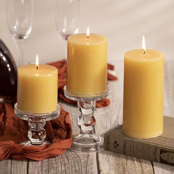 KONNI Mustard Yellow Pillar Candles Set of 3, 3"x 4" Unscented Pillar Candles Bulk, 39 Hours Long Burning Candles, Smokeless&Dripless Large Round Candle for Wedding, Home Decoration, Parties