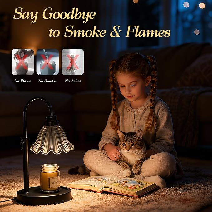 Candle Warmer Lamp with Adjustable Height - Flameless 4-Level Dimmable Wax Warmer with Colorful Glass Shade & Wooden Base, Timer Function & Stylish Design in Multiple Colors (Black 2)