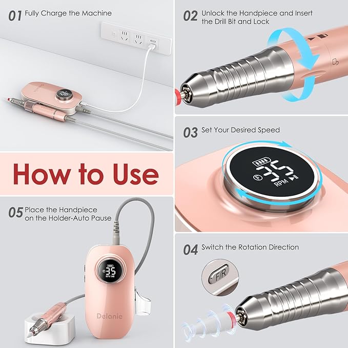 Delanie Brushless Nail Drill 35000 RPM Professional Rechargeable Portable Electric Nail File for Nail Tech, Rose Gold
