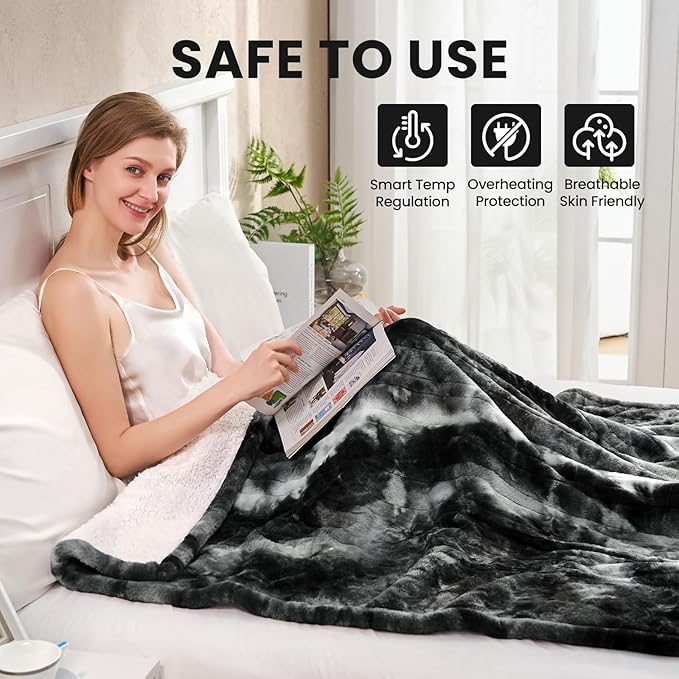 Electric Heated Blanket 84"x90",Luxury Black Faux Fur Electric Blanket ，Fast Heating Soft Fluffy Thick Electric Blanket with 10 Heating Levels & 12H Auto Off