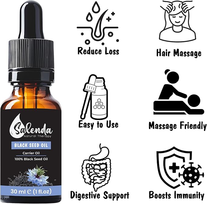 Black Seed Oil by Salenda - 100% Pure Natural Cold Pressed, High Thymoquinone, Supports Immune, Skin Conditions, Nigella Sativa Black Cumin Seed Oil - 1 Fl Oz (30 ml)
