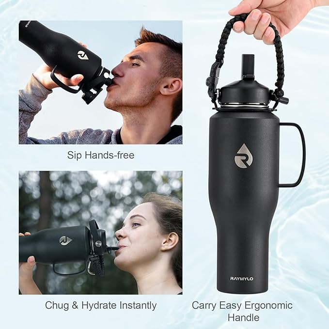 32oz Stainless Steel Water Bottle (Cold for 48 Hrs, Hot for 24 Hrs), Triple Wall Vacuum Insulated Water Bottle with Straw Lid, Spout Lid and Paracord Handle, Leakproof, Fit in Any Car Cup