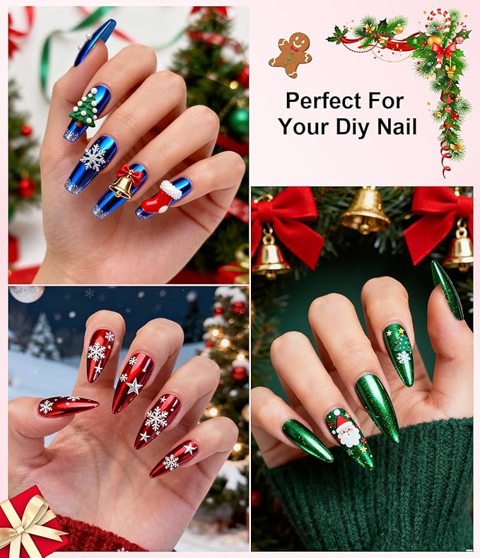 Gold Chrome Nail Powder - 6 Colors Christmas Red Green Blue Silver Nail Chrome Powder, Sparkly Holographic Chrome POwder for Nails Mirror Effect Glitter Pigment Dust - Christmas Nail Design