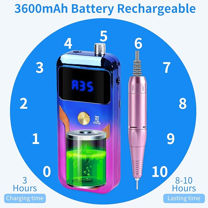 Portable Nail Drill Professional 35000 RPM, MOCOWIND Rechargeable Electric Nail File Machine for Acrylic Gel Polishing Removing, Cordless E-File with Bits Kit for Manicure Salon Home, Blue & Purple