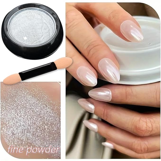 Holographic White Pearl Chrome Nail Powder Mirror Effect Metallic Sequins UV Gel Nail Chrome Powder Pigment for Nail Art Decoration, White Pearl Chrome Powder for Nails