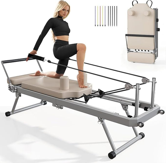 DlandHome Pilates Reformer, Foldable Pilates Reformer Machine with Springs & Resistance, Suitable for Advanced and Beginners Users Adjustable Pilates Equipment for Full-Body Home Workout Up to 330 lbs