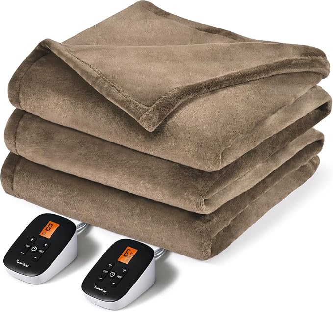 Sunable Heated Electric Blanket - Machine Washable Blanket with Time Settings 10 Heat Settings Queen Size 84×90 inches Taupe -Velvet