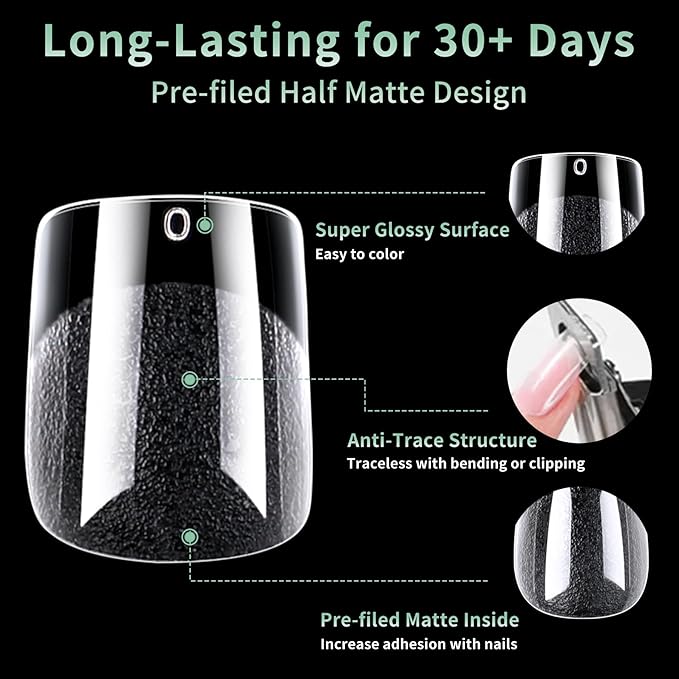 Extra Short Square Nail Tips, 216pcs Acrylic Fake Nails Soft Gel Nail Tips, Full Cover Pre-Shaped Matte Clear Press on Nails for Extension, Diy at Home Manicure 12 Sizes