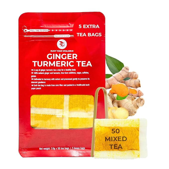 Turmeric Ginger Tea Bags - 55 Count (+5 Tea Bags) Bamboo Tong Included - 5.11 oz, Re-Steep Herbal Blend, No Sugar, No Additives, Body Warm, Health &Support