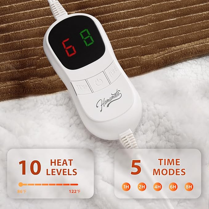 Homemate Electric Heated Blanket Twin Size - 62"x84" Heating Blanket Twin Size 1/2/4/6/8 Hours Auto-Off 10 Heat Level Over-Heat Protection Soft Flannel Sherpa ETL Certification