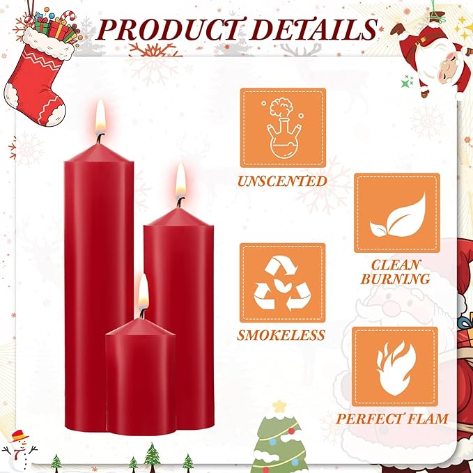 MTLEE 18 Pcs Set of 3 Pillar Candles Bulk 2 in x 3, 6, 8 Long Burning Clean Unscented Smokeless Pillar Candles for Wedding Emergency Lanterns Ceremony Party(Red)