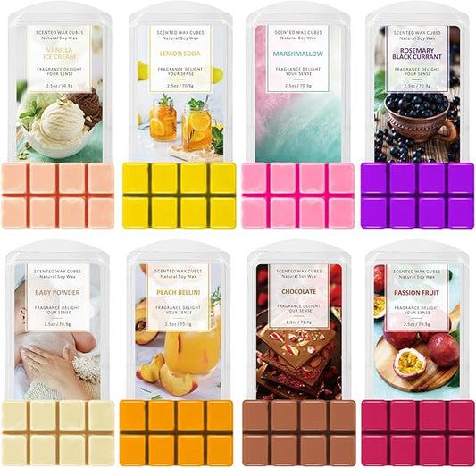 SCENTORINI Wax Melts, Scented Wax Melts for Wax Warmer Vanilla & Ice Cream, Lemon Soda, Marshmallow, Baby Powder, Rosemary & Black Currant, Passion Fruit, Chocolate, Peach Bellini 8 X 2.5 OZ