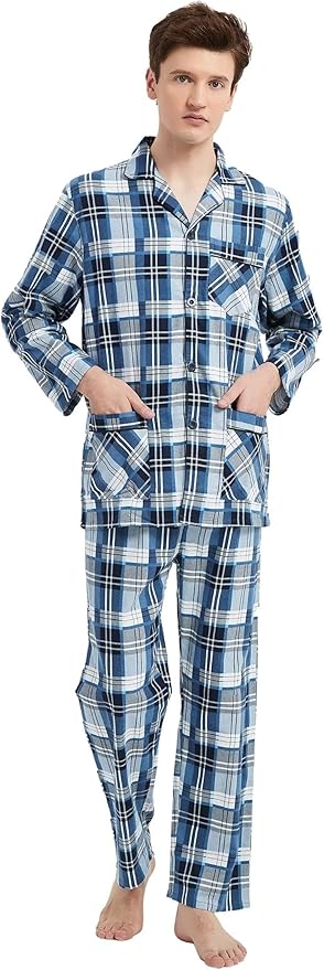 GLOBAL Men's Pajamas Sets 100% Cotton Flannel Sleepwear Long-Sleeve top & Bottom