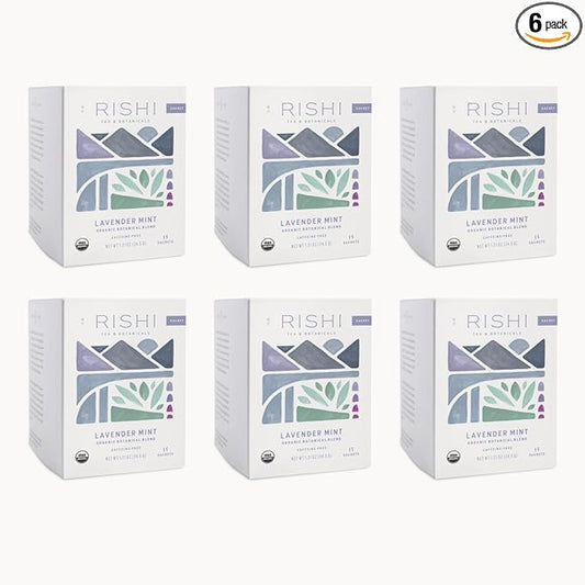 Rishi Tea Lavender Mint Herbal Tea - Organic, Caffeine Free Sachet Bags, Calming Lavender with Peppermint & Sage - 15 Count (Pack of 6)
