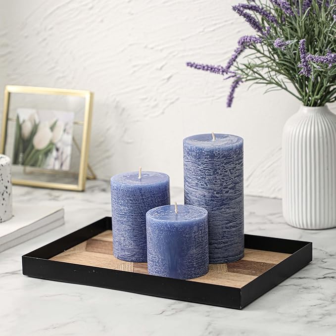 3x4 Inch Blue Pillar Candles Set of 3 - Hand-Poured Unscented Candles, Long Clean Burning, Large Big Candle, Smokeless Dripless Candle for Dinner Table, Wedding, Home, Bathroom, Rustic Decor