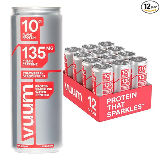 VUUM Sparkling Clear Protein Drink - 10g Plant Protein, Natural Pre Workout Energy Drink, Plant Based, Natural Caffeine, Sugar-Free Protein Drink - Strawberry Dragon Fruit, 12 Fl Oz (12 Pack)