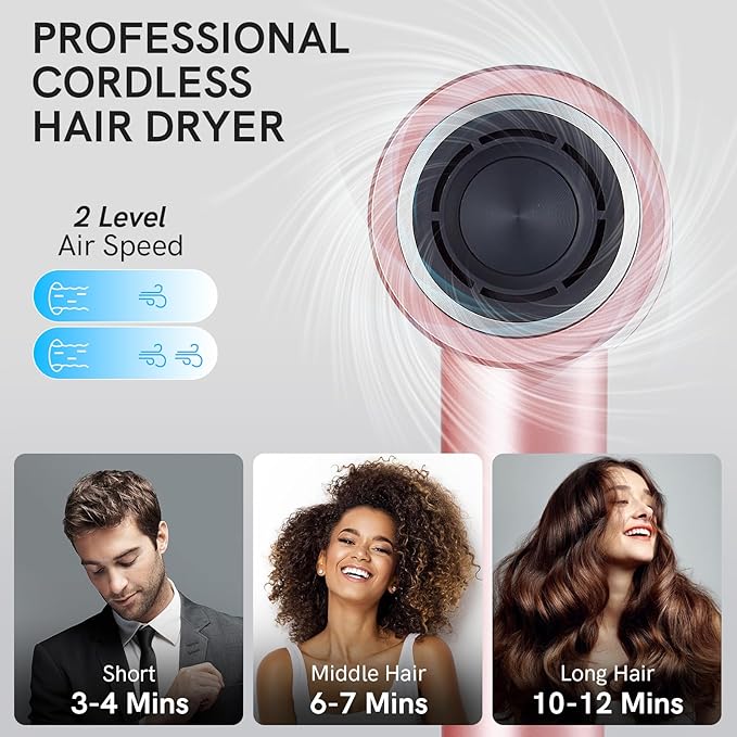 Cordless Ionic Hair Dryer with Digital Screen, 4 Mode Charging Blow Dryer with Magnetic Nozzle, Travel Hair Dryer for Women Kids Outdoor Camping Beaches (Pink)