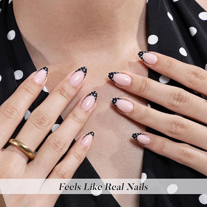 Black French Tip Press on Nails Short - Polka Dots, Soft Gel Almond Press on Nails for Women, Seamless Fit Glue on Nails in 16 Sizes - 32 Reusable Fake Nails Kit with Glue