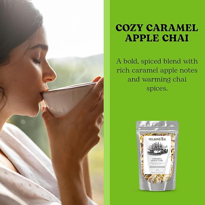 Nelson's Tea Caramel Apple Chai Tea Loose Leaf - Cut & Sifted Red Rooibos Loose Leaf Tea, Black Tea with Cinnamon Chips, Peppercorn, Ginger Root, Cardamom, Clove, Orange Peel and All Spice (4 oz)