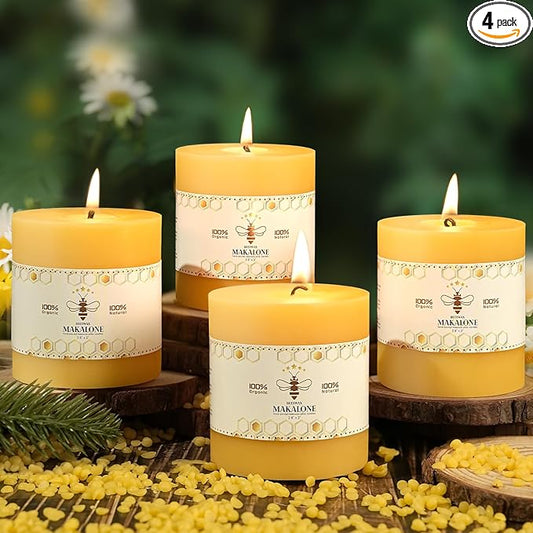 4 Pack 100% Pure Beeswax Candles,180 Hours Long Burning-Natural Beeswax Pillar Candles for Emergency,Unscented Bees Wax Candles for Home,Paryer,Parties,Pillar Candle Bulk 2.8x3in