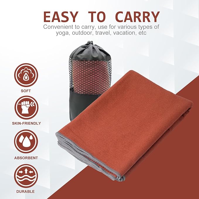 Eunzel Yoga Towel,Hot Yoga Mat Towel with Grip Dots Sweat Absorbent Non-Slip for Hot Yoga, Pilates and Workout 24" x72", Sedona Red