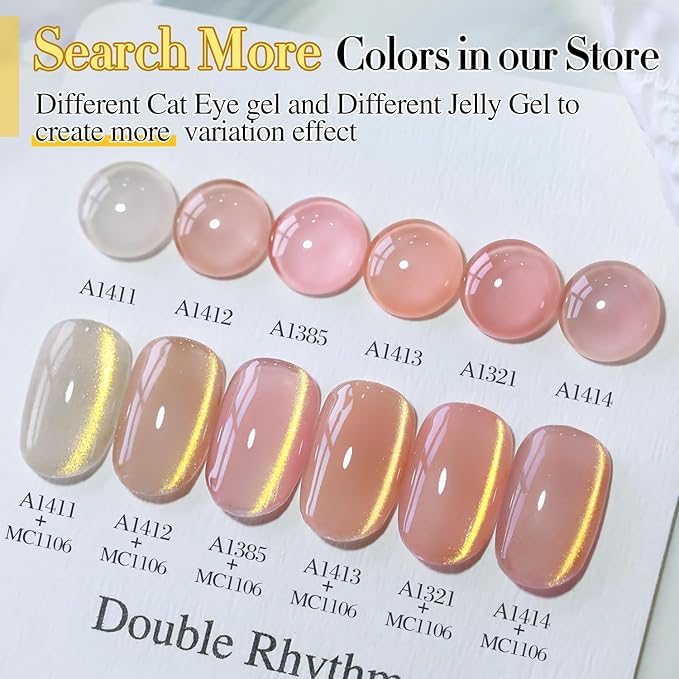 Double Rhythm Jelly Glass Cat Eye Gel Polish with Magnet 15ML Holographic Glitter Shimmer Translucent Sheer Color Magnetic Nail Polish Salon DIY at Home (MC1106)