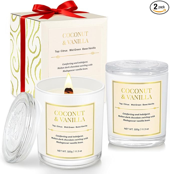 2 Pack Wood Wick Coconut & Vanilla Candle Gift Set – Long Lasting Soy Wax Candles with Gift Boxes, Holiday Aromatherapy Candles for Home Decor & Christmas Gifts