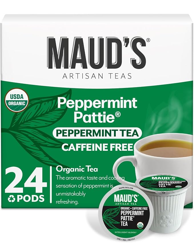 Maud's Organic Peppermint Tea Pods, 24 ct, Recyclable Single Serve Pods – 100% Gourmet Blended Tea Leaves, Compatible with Keurig K Cups Maker